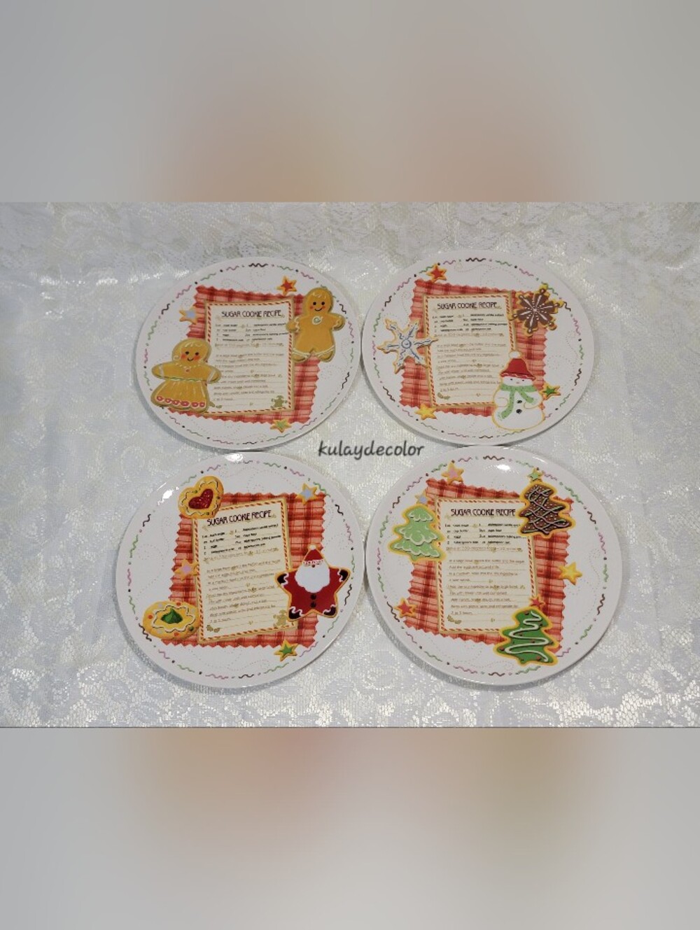 Set of 4 Christmas Sugar Cookie Recipe Dessert Plates Gingerbread Snowman Santa
